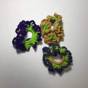 NWT Purple Green Gold Handmade Crocheted Hair Scrunchie Set of 3